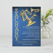 トランペットマニアミュージックブルー金ゴールドバー(ユダヤ教の)バル・ミツバー 招待状 (スタンド正面)