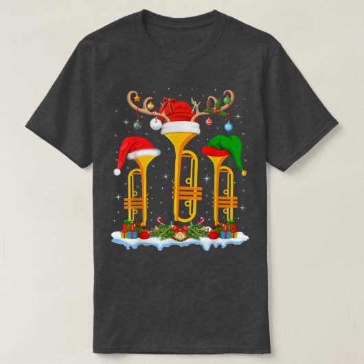 トランペットミュージックラバークリスマス照明サンタトランペットCh Tシャツ (デザイン正面)