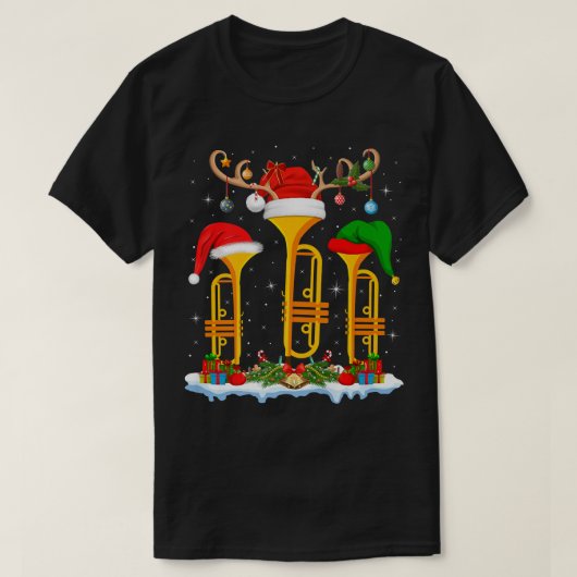 トランペットミュージックラバークリスマス照明サンタトランペットCh Tシャツ (デザイン正面)