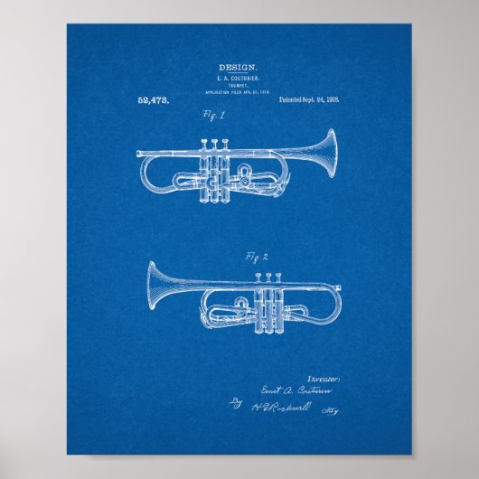 トランペット特許のデザイン – 青写真 ポスター (正面)