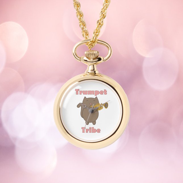 トランペット部族 猫 ピンク文字 腕時計 (A watch necklace featuring a cat playing the trumpet and the words trumpet tribe.)