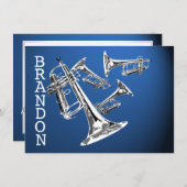 トランペット音楽ダークブルーありがとうフラットカード サンキューカード (正面/裏面)