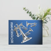 トランペット音楽ダークブルーありがとうフラットカード サンキューカード (スタンド正面)