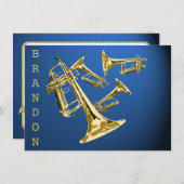 トランペット音楽金ゴールドとブルーサンキューフラットカード サンキューカード (正面/裏面)