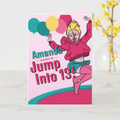 トランポリンかわいい10代の漫画ガール13誕生日 カード (黄色い花)