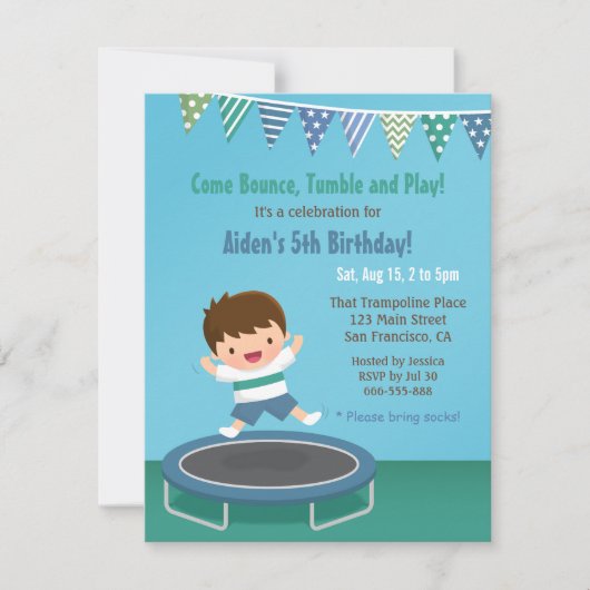 トランポリンで飛び跳ねる少年 男の子の誕生日パーティー 招待状 (正面)
