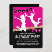 トランポリンパークガールピンク子供の誕生日パーティー 招待状 (正面/裏面)