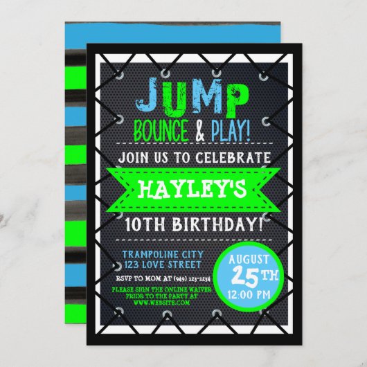 トランポリンパークバウンスパーティーネオンカラーズサマー 招待状 (正面/裏面)