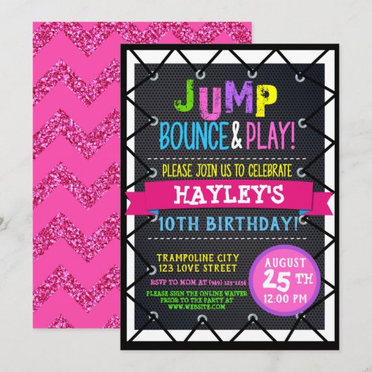 トランポリンパーク バウンスパーティー ガールズ カラフル 招待状 (正面/裏面)