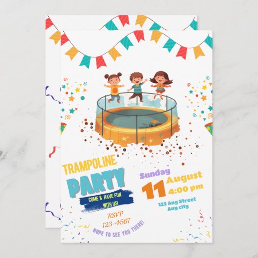 トランポリンパーティーの招待状、ジャンプ&バウンスパーティー 招待状 (正面/裏面)