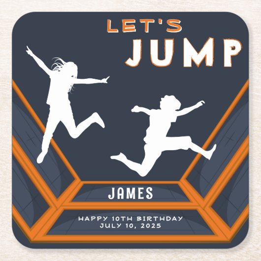 トランポリン公園でオレンジの誕生日パーティーを飛ぼう スクエアペーパーコースター (正面)