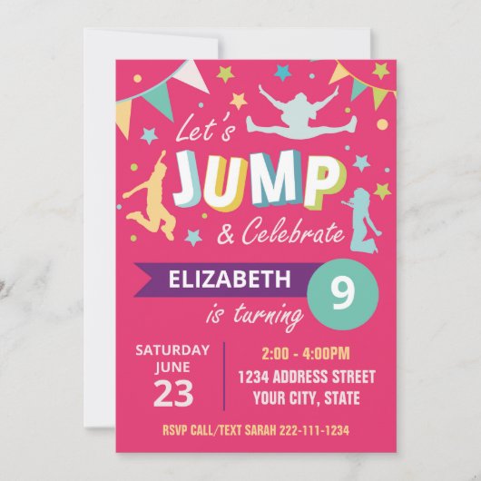 トランポリン公園の誕生日の招待ピンク 招待状 (正面)