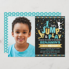 トランポリン誕生日パーティージャンプバウンスブルー金ゴールド 招待状
