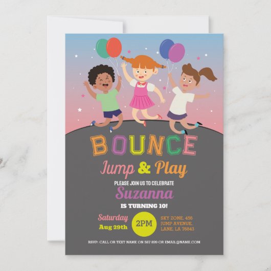 トランポリン誕生日パーティーピンクガールズバウンスジャンプ 招待状 (正面)