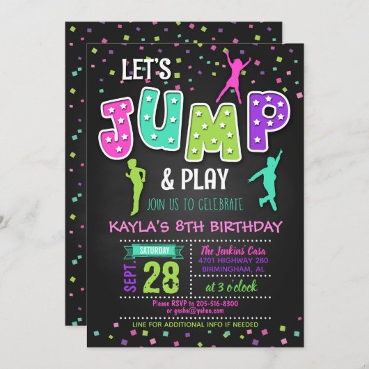 トランポリン誕生日招待状 – ガール 招待状 (正面/裏面)