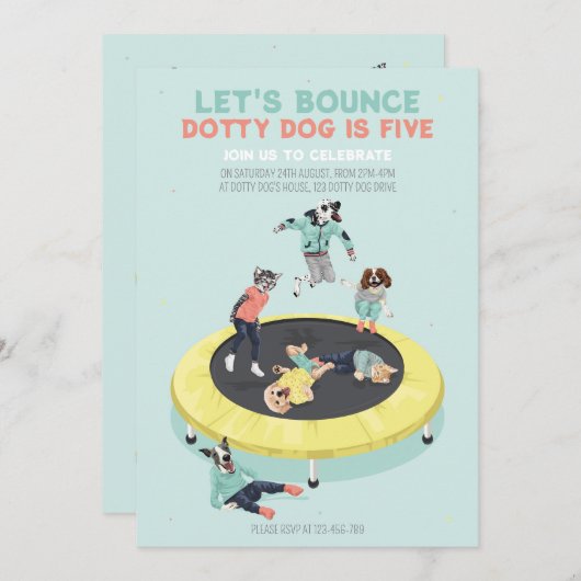 トランポリン5thバースデーパーティーでドッティ・ドッグがバウンス 招待状 (正面/裏面)