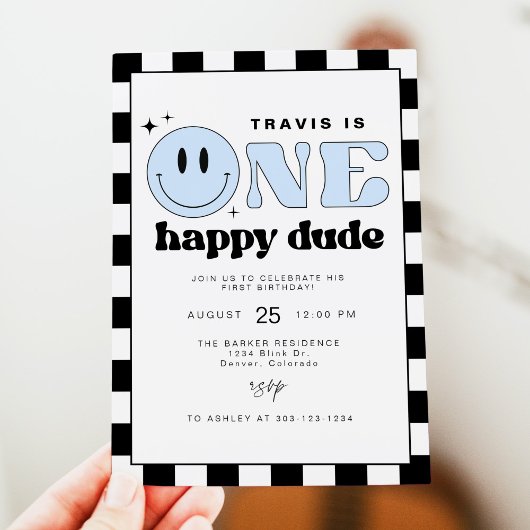 トラヴィスワンハッピードゥデスマイル顔ファースト誕生日 招待状