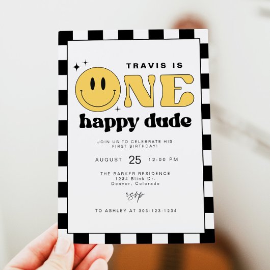 トラヴィスワンハッピードゥデスマイル顔ファースト誕生日 招待状