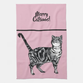 トラ猫の陽気なキャッツマス ピンクのクリスマス猫 キッチンタオル