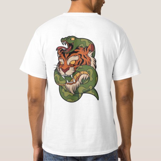 トラ vs ヘビ 激しい野生動物バトル アート tシャツ (裏面)
