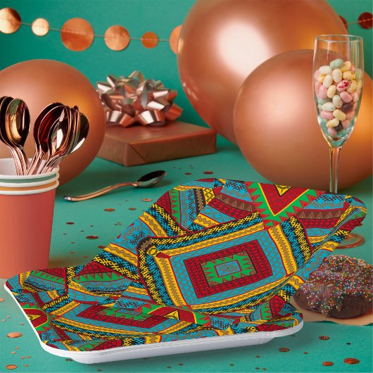 トリアはっきりしたル幾何学模様カラフル民族防法 ペーパープレート