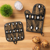 トリアカリブのルの布:黒、白、金ゴールド 鍋つかみ&鍋敷きセット (トップダウン)