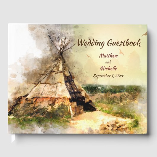 トリアパーソナライズされたルのテペ水の色Tipi結婚の ゲストブック (正面)