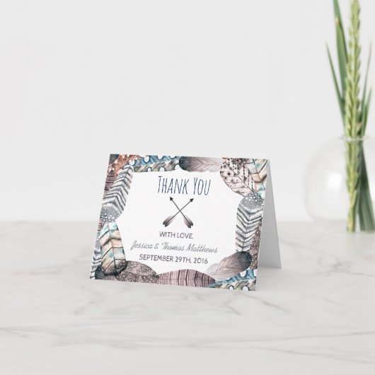 トリアモダンルの羽ボヘミアン結婚の感謝 サンキューカード (正面)