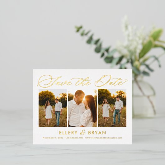 トリオエレガントフォイル結婚式の日付はがきを保存 箔招待状ポストカード (立ち正面)