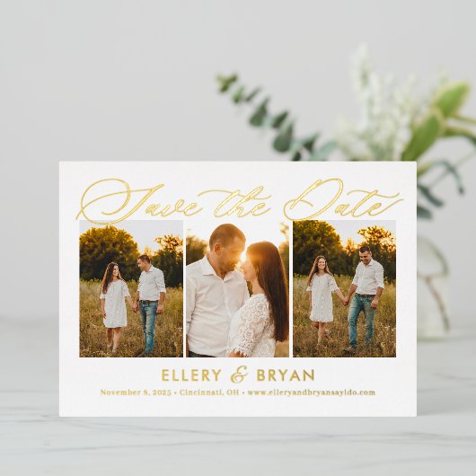 トリオエレガントフォイル結婚式の日付カードを保存 箔招待状 (立ち正面)