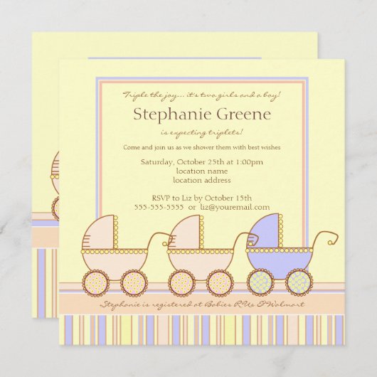 トリオキャリッジ三重項の女の子の男の子のシャワーの招待状 招待状 (正面/裏面)