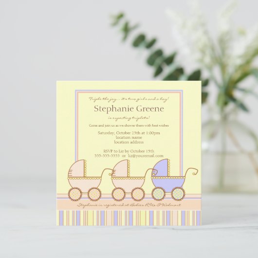 トリオキャリッジ三重項の女の子の男の子のシャワーの招待状 招待状 (スタンド正面)