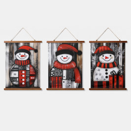 トリオ雪だるまアートinブラック、レッド、ホワイト 吊り下げ型タペストリー
