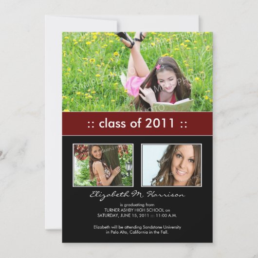 トリオ カスタム 卒業発表 フォト（マルーン） 案内状 (正面)