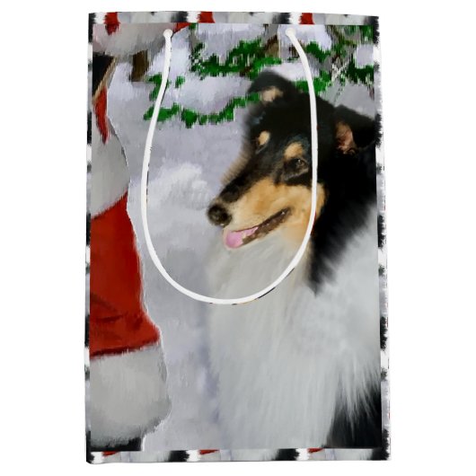 トリカラーコリーとサンタクリスマス ミディアムペーパーバッグ (正面)