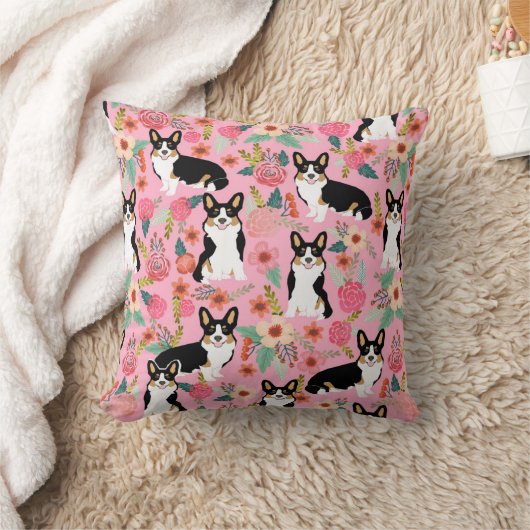 トリカラーコーギフローラ枕 – かわいいコーギフト クッション (ブランケット)