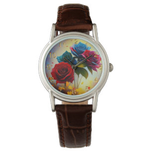 トリカラーバラ、レディースレザーウォッチ 腕時計