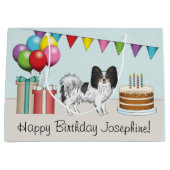 トリカラーパピヨンカートゥーンドッグカラフル誕生日 ラージペーパーバッグ (正面)