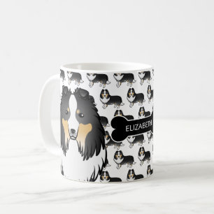 トリカラー+犬の骨+名前のキャラクターシェルティ コーヒーマグカップ