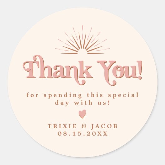 トリキシーのレトロ70'sスタイル ピンク＆オレンジのウェディングプチギフトバッグ ラウンドシール (正面)