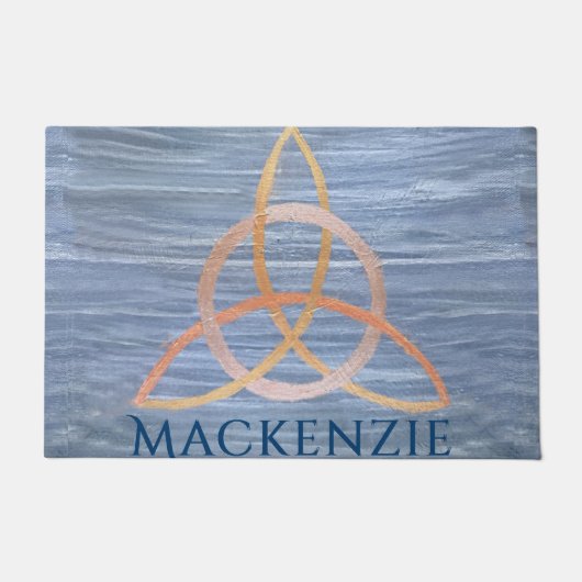 トリケトラ抽象芸術 |ブルー金ゴールドケルト三位一体ノット ドアマット (正面)