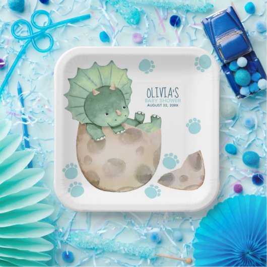 トリケラトプス恐竜の男の子の赤ちゃんシャワー ペーパープレート (パーティー)