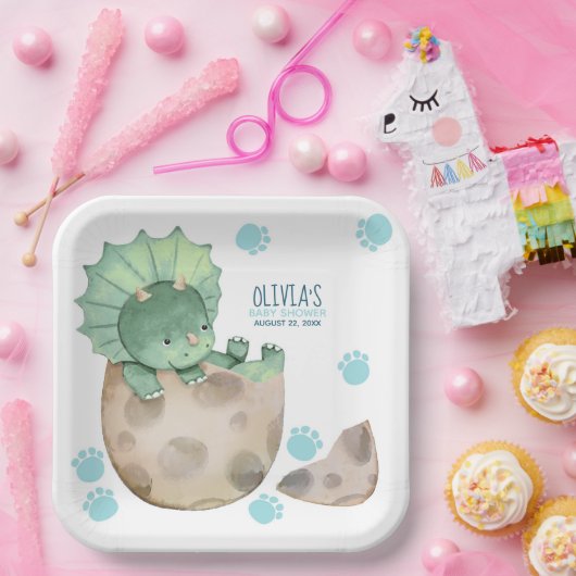 トリケラトプス恐竜の男の子の赤ちゃんシャワー ペーパープレート (パーティー)