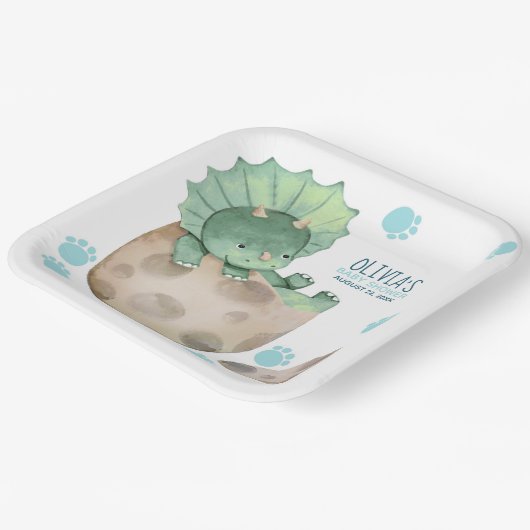 トリケラトプス恐竜の男の子の赤ちゃんシャワー ペーパープレート (傾斜あり)