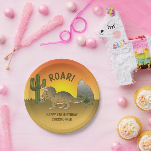 トリケラトプス恐竜サンセットデザートキッドの誕生日 ペーパープレート (パーティー)