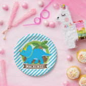 トリケラトプス恐竜、スカイブルー&ホワイトストライプ恐竜 ペーパープレート (パーティー)