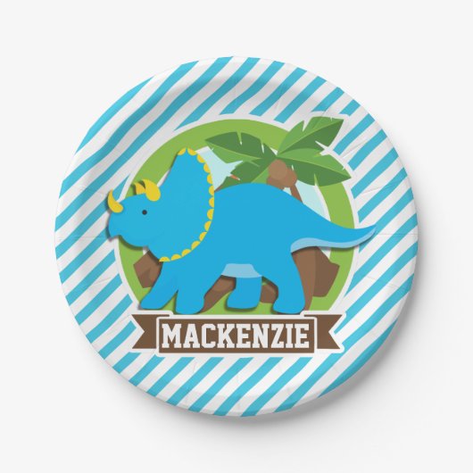 トリケラトプス恐竜、スカイブルー&ホワイトストライプ恐竜 ペーパープレート (正面)