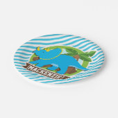 トリケラトプス恐竜、スカイブルー&ホワイトストライプ恐竜 ペーパープレート (アングル)