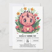 トリケラトプス編集可能な恐竜ガール誕生日 招待状 (正面)