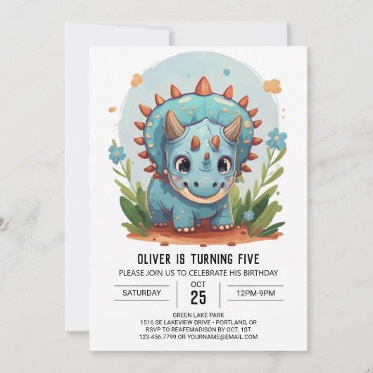 トリケラトプス編集可能な恐竜ボーイ誕生日 招待状 (正面)